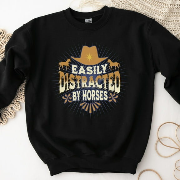 Velto Distracted by Horses Sweatshirt Country Western Farm Barn Girl Long Sleeve All Size S-5XL