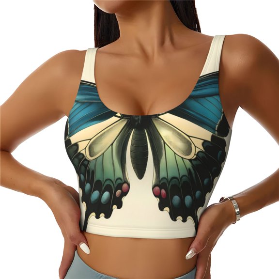 Rateoe Blue Black Butterfly Art Print Womens' Sports Bras Scoop Neck Sports Vest- Padded U Back Seamless High Impact Support-