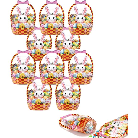 Easter Goodie Bags Plastic Candy Gift Bags With Handle, Bunny Pattern Transparent Resealable Treat Bags for Easter Egg Hunt, Party Favors & Holiday Candy Wrapping (10 PCS)