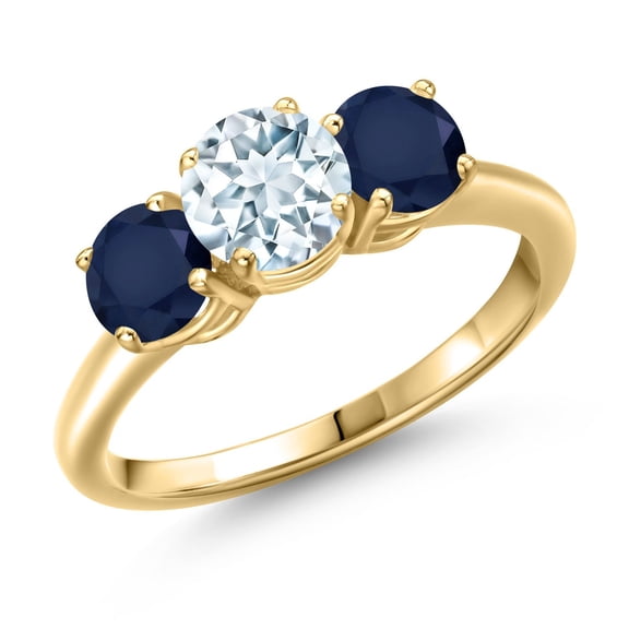 Gem Stone King 18K Yellow Gold Plated Silver Sky Blue Aquamarine and Blue Sapphire Engagement Ring for Women | 1.95 Cttw | Round 6MM | Gemstone March Birthstone | Size 7