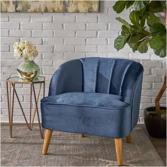 JERFIT Mid-Century Modern Velvet Club Chair with Rubberwood Legs, Antique Navy Blue Accent Chair for Living Room, Bedroom, Upholstered Armchair