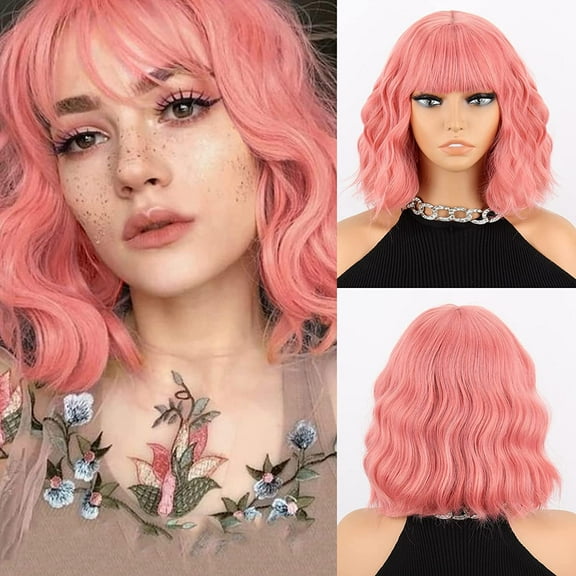 UTOURS Short Ombre Blonde Wigs Wavy Bob Wig with Bangs Women Synthetic Curly Pastel Bob Wig for Girl Colorful Cosplay Wigs