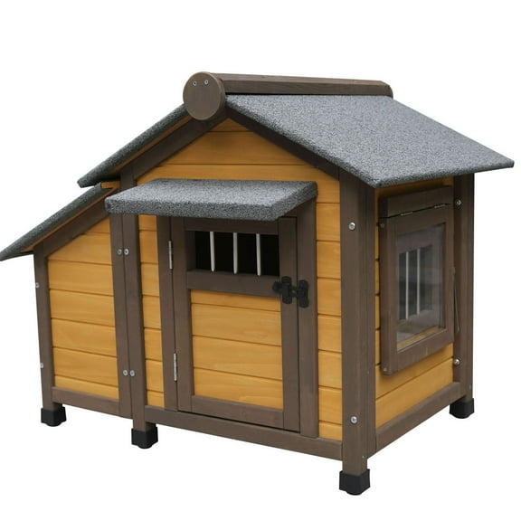 S-HOME 45 Inch Solid Wood Dog House in Dark Yellow for Medium & Small Dogs with Lockable Ventilated Door and Shelter