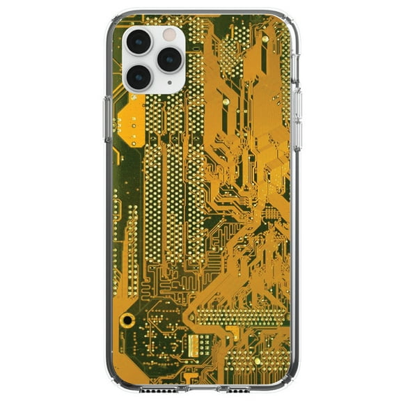 DistinctInk Clear Shockproof Hybrid Case for iPhone 13 (6.1" Screen) - TPU Bumper, Acrylic Back, Tempered Glass Screen Protector - Yellow Circuit Board Image - Printed Circuit Board Image