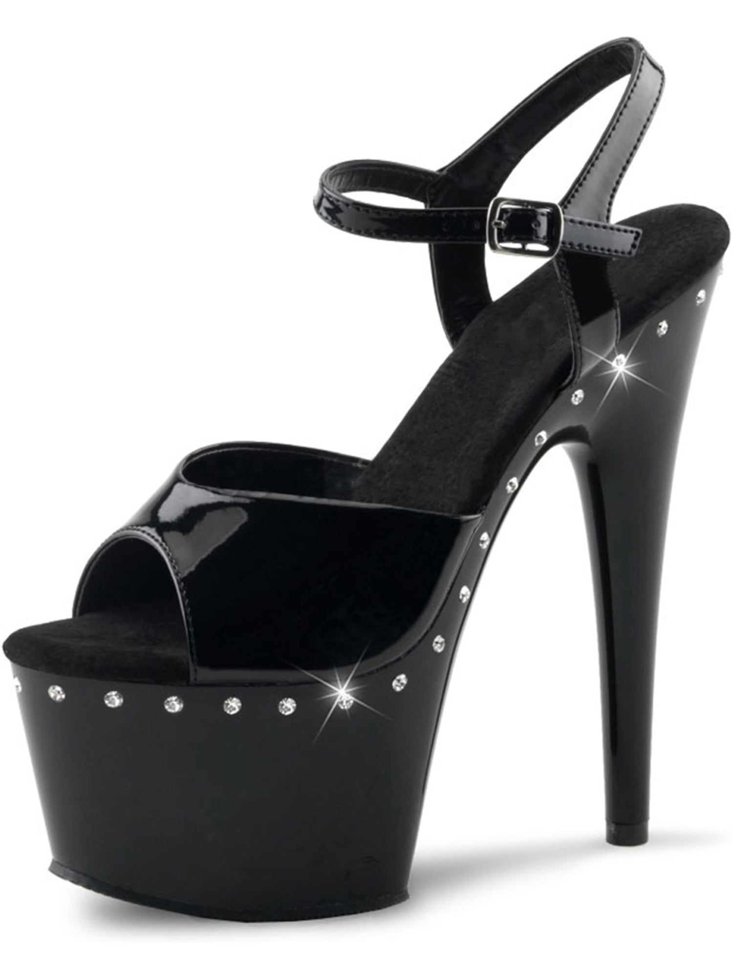 Pleaser - Embellished Glossy Black Platform High Heels with Rhinestones ...