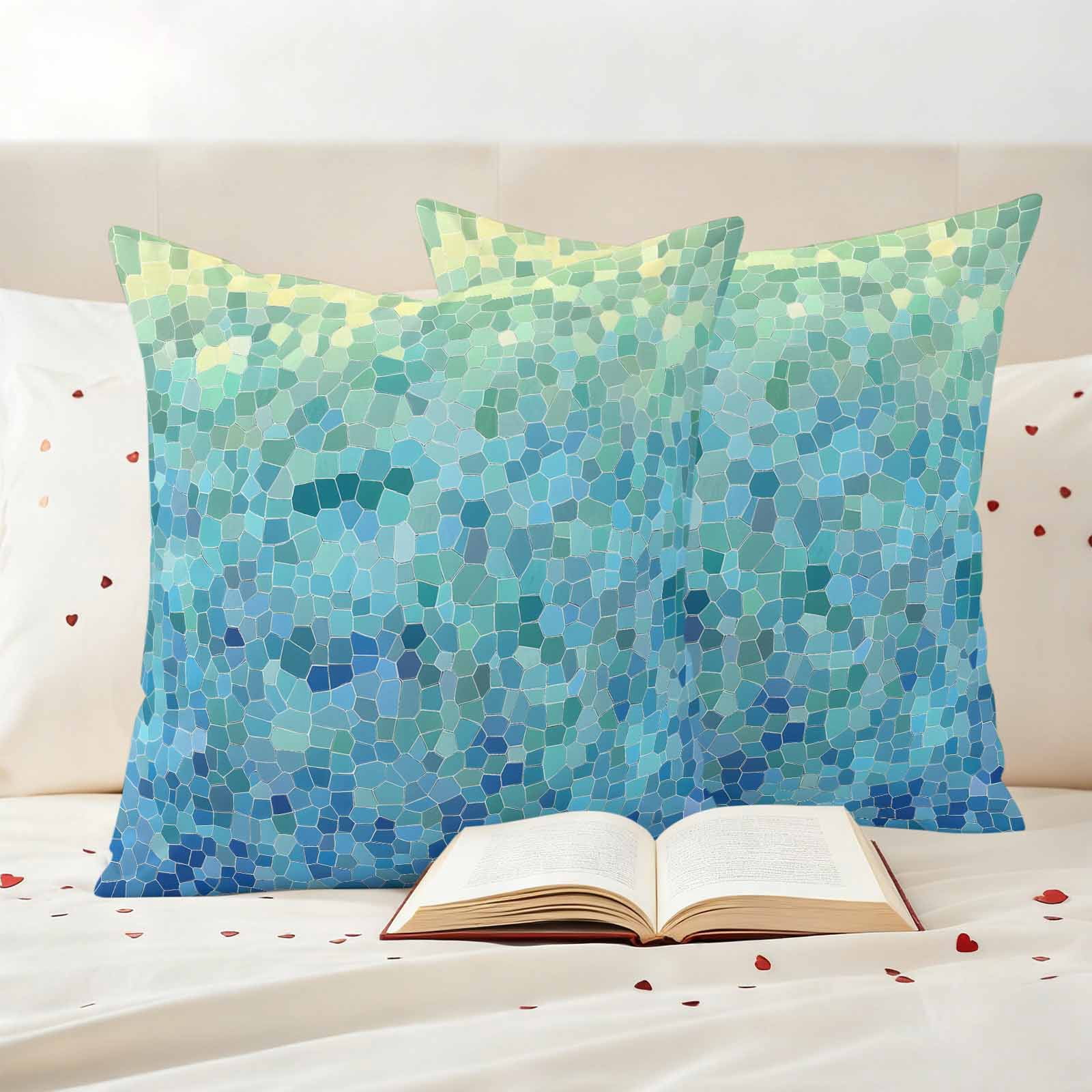 Turquoise Blue Teal Outdoor Waterproof Pillow Covers, Chic Stained Glass Texture Aesthetic Decorative Square Throw Pillowcase Sofa Cushion Sham for Patio/Couch/Chair, 24"x24" 2 Pack