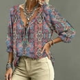 thumbnail image 4 of Women's 3/4 Length Sleeve Boho Tops Lace Up Blouse 3/4 Sleeve V Neck Peasant Top Abstract Geometric Print Beach Vacation Clothes, 4 of 5