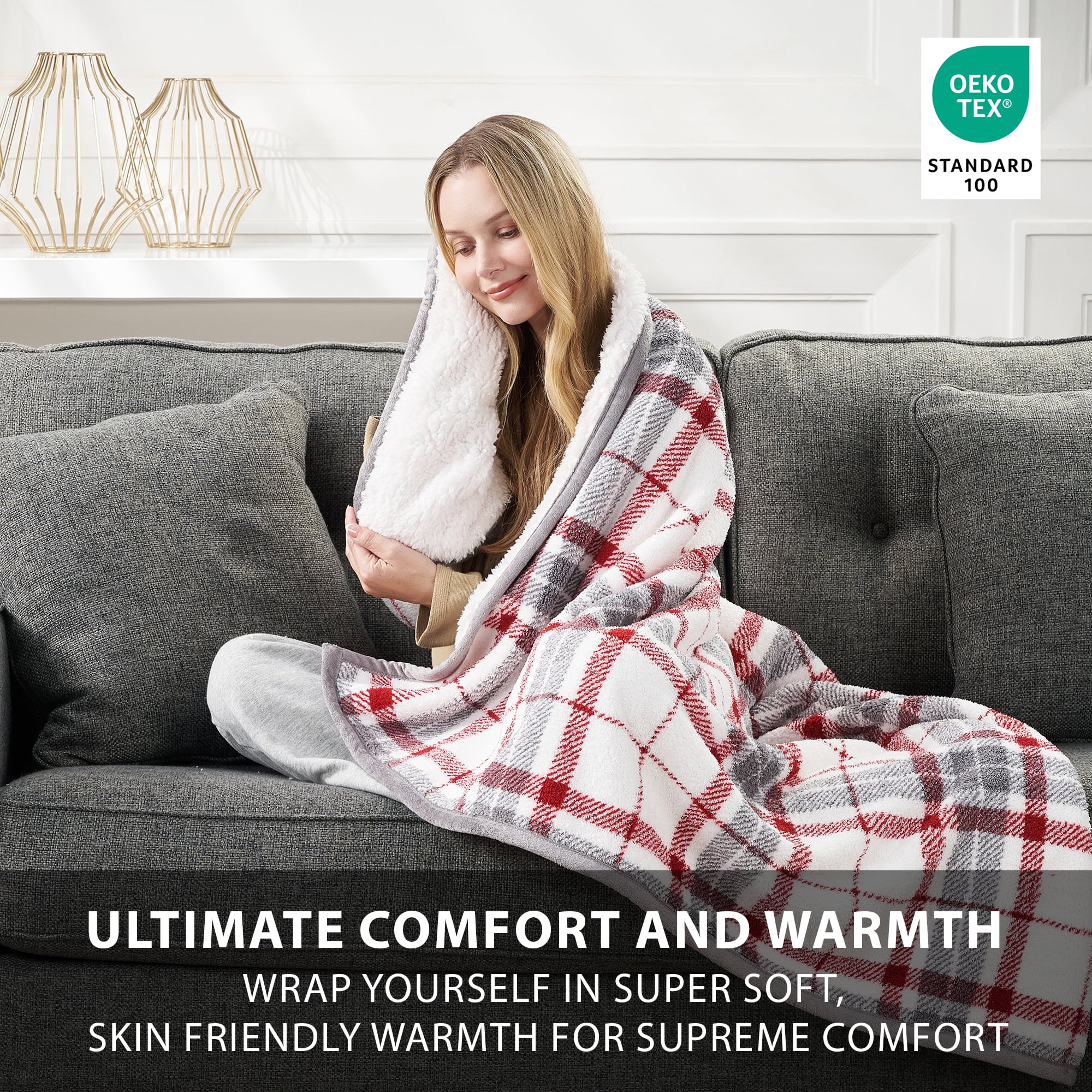 CBCHome Reversible Soft Sherpa Throw Blanket - Cute and Cozy Thick Throw for Couch, Warm Gifts for Women (Red Plaid, 50" x60")