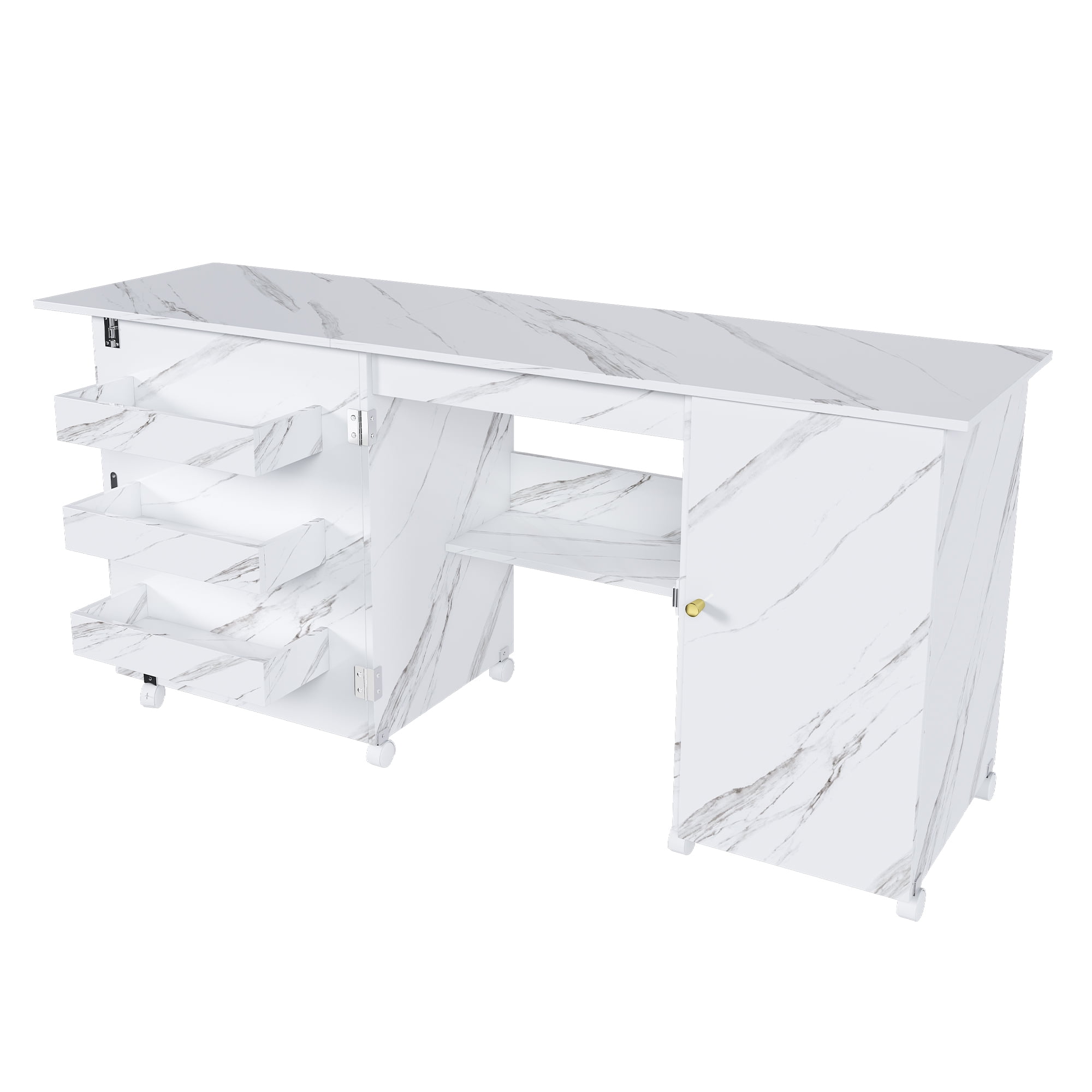 ABNO1  57.5" Foldable Sewing Machine Table with Locking Casters, Multi-Storage Craft Station with Shelves, Bins & Cabinet, Adjustable Sewing Cabinet for Home, Bedroom, and Craft Room(White)