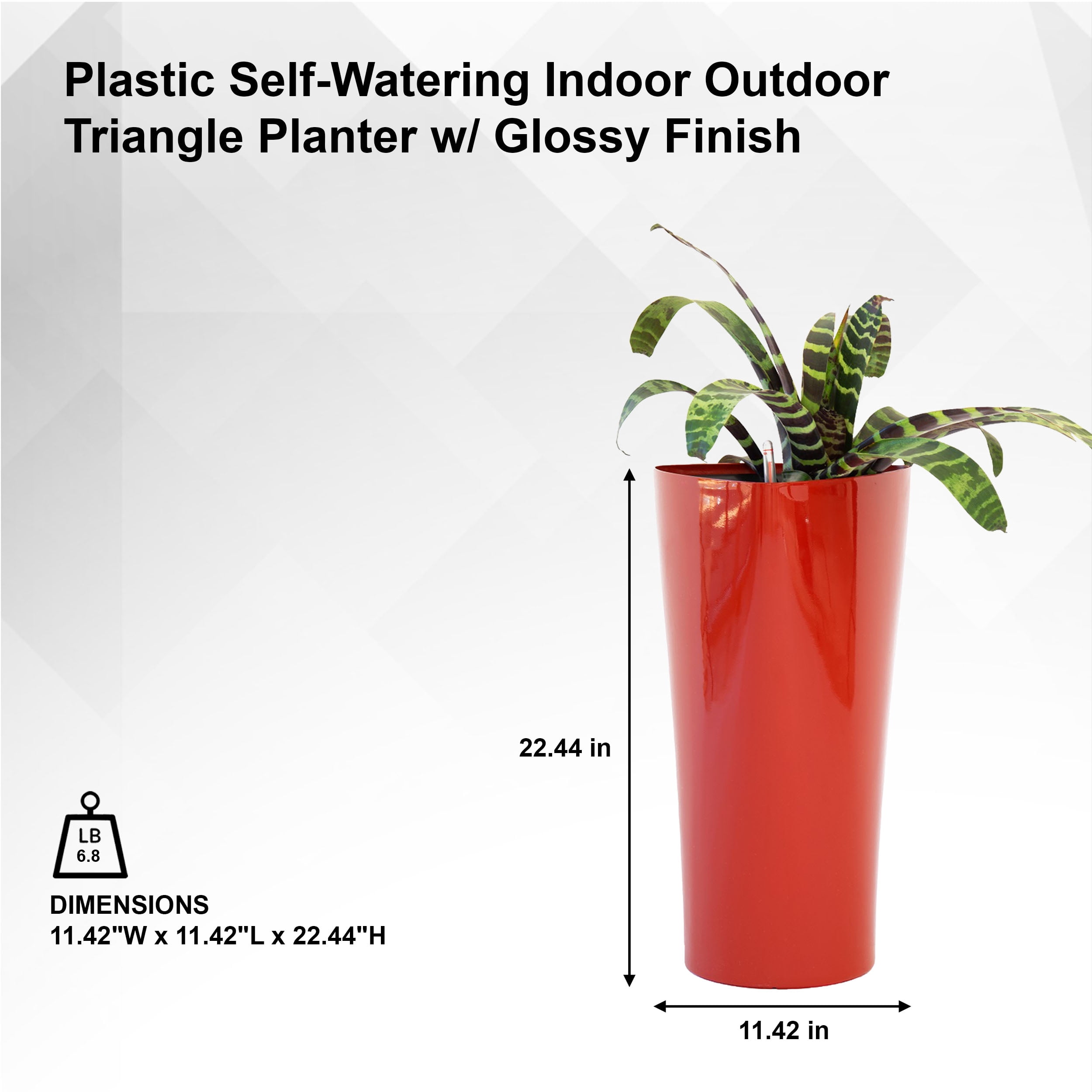 XBrand 22.4" H Red Plastic Self Watering Indoor Outdoor Triangle Planter Pot w/Glossy Finish, Tall Decorative Gardening Pot, Home Décor Accent