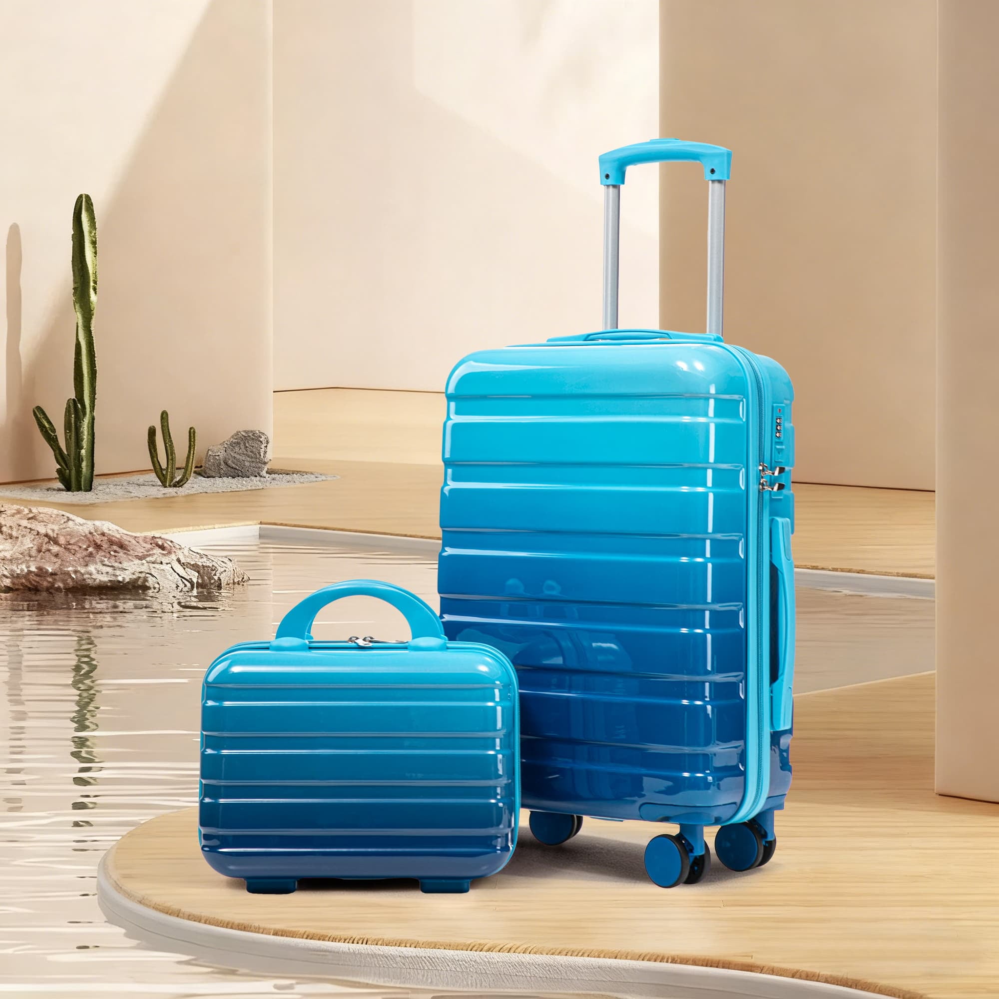 Leumius 2 Piece PC Spinner Wheel Luggage Sets, Hardside Suitcase with Combination Lock, 20 inch Carry On Luggage & 14 inch Cosmetic Case