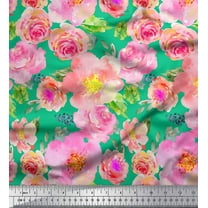 Soimoi Green Velvet Fabric Leaves,Pink & Peach Rose Watercolor Print Fabric by The Yard 58 Inch Wide