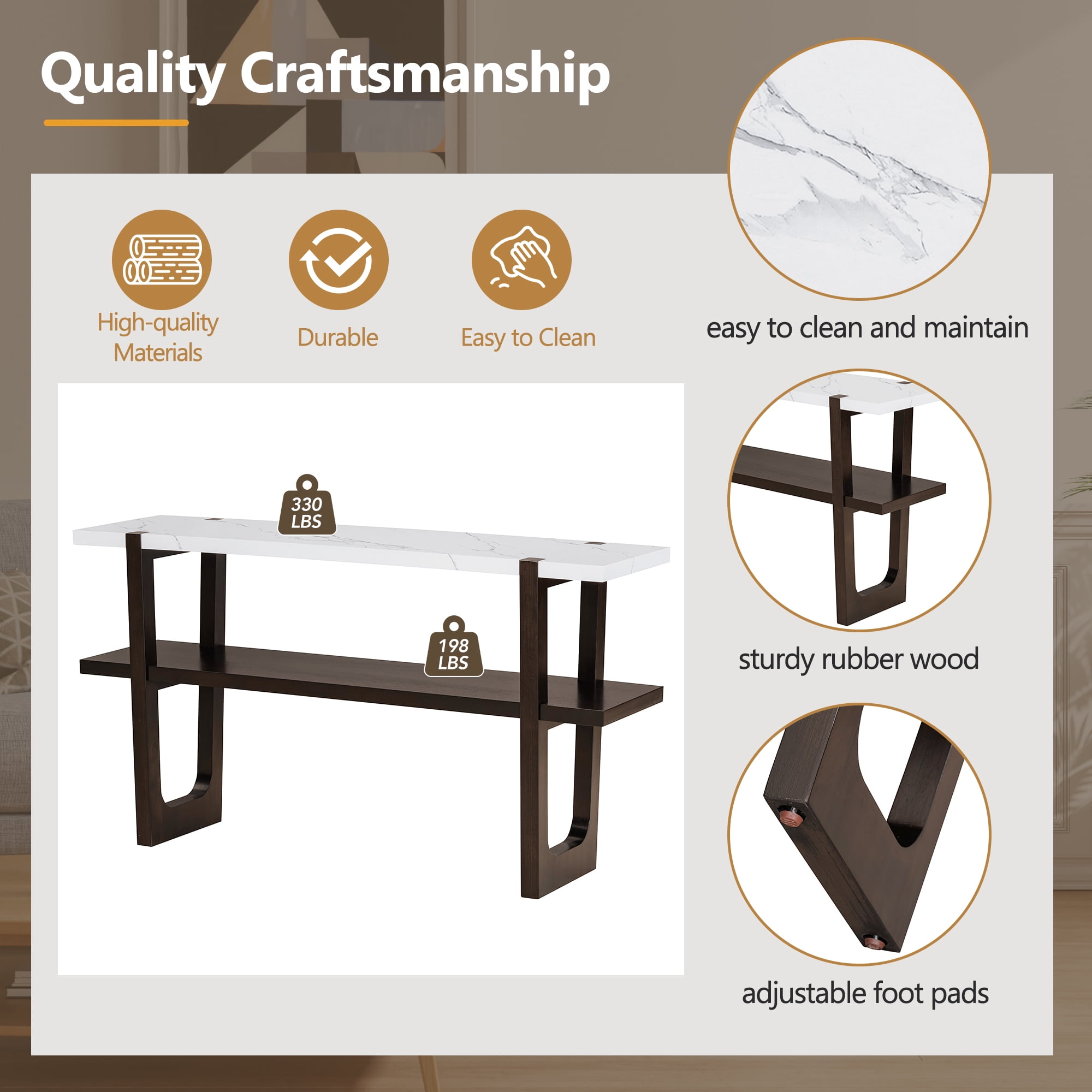 MAYEERTY Narrow Console Table with Marble-Effect Top and Open Shelf for Entryway, Hallway, Living Room, Espresso