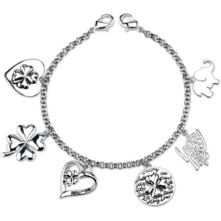 Clovers Magnetic Bracelet - Stainless Steel Lucky Clover Heart Charm Link Bracelet, 7.5