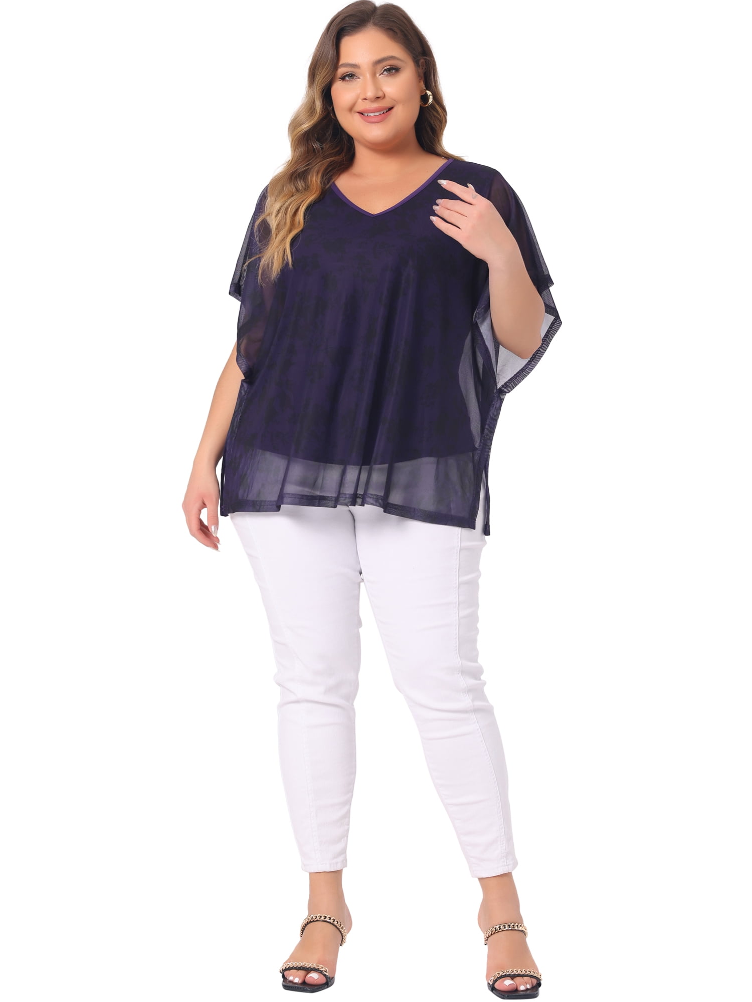 DARING DIVA Women's Plus Floral Batwing Sleeve Loose Blouse 4X Purple