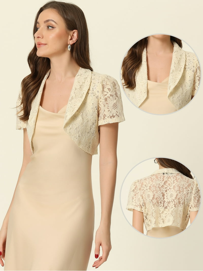 Unique Bargains Floral Lace Shrug for Women's Lapel Collar Short