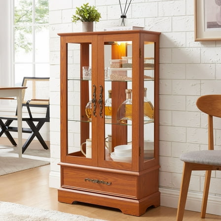 CQSXDA Dark Oak Curio Display Cabinet with Glass Doors, Drawer, and Adjustable Shelves Ideal for Home Décor