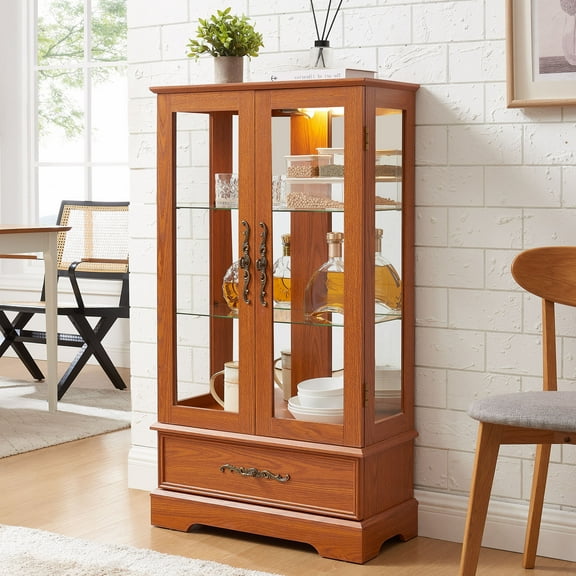 CQSXDA Dark Oak Curio Display Cabinet with Glass Doors, Drawer, and Adjustable Shelves Ideal for Home Décor