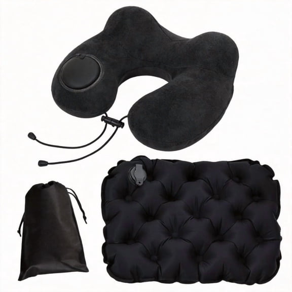 Portable Inflatable U‑Shaped Neck Pillow & Seat Cushion Set With Storage Bag, Detachable Washable Cover, Travel Cushion Kit for Airplane Train Car Office