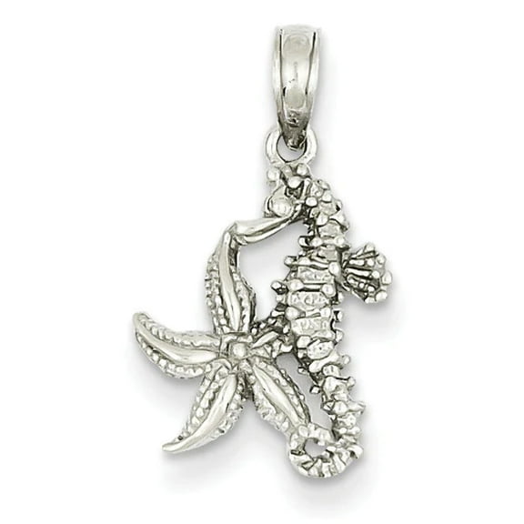 14K White Gold Solid Texture Polished Finish Men's Seahorse and Starfish Charm Pendant