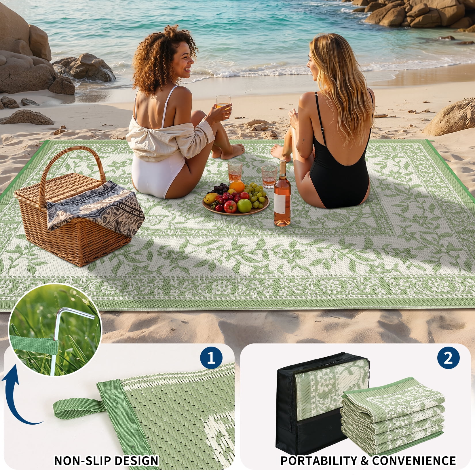 Garvee Outdoor Rug 9x12ft Waterproof Reversible Foldable Plastic Straw Rug, Modern Floral Border Outdoor Mat for Patio, Camping, RV, Deck, Porch, Balcony, Gray Green