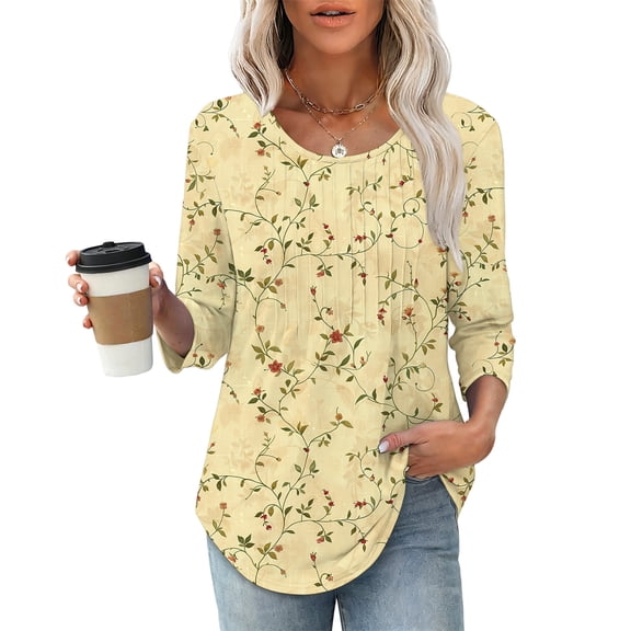 WHLBF Blouse for Women 3/4 Sleeve Round Neck Cover Casual Pleated Tunic Curved Hem Printed Blouse Multicolor XL