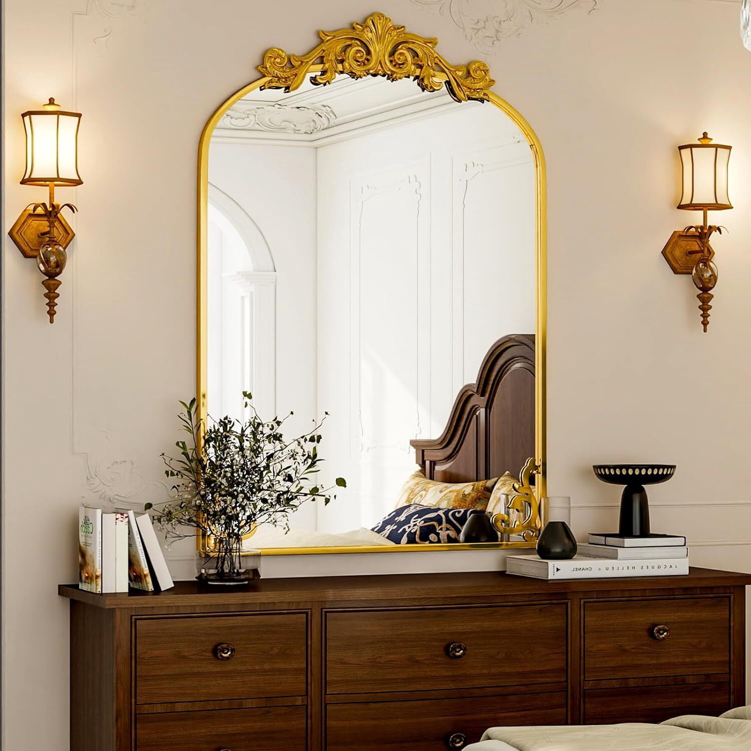 Mirrasia 36.2"x 24" Vintage Mirror Decorative Mirror Arched Baroque Mirror Hanging,Gold