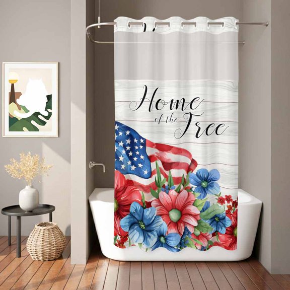 Independence Day Shower Curtain, USA Flag Red Blue Flower Waterproof No Hooks Bath Shower Curtain with See Through Top Window for Bathroom Bathtub 36x78in