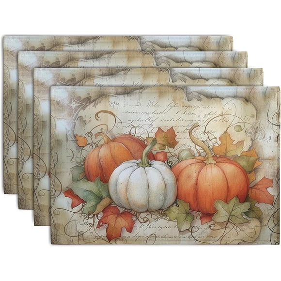 Fall Pumpkin Maple Leaf Placemats Set of 4, 12x18 Inch Vintage Autumn Harvest Rustic Leaves Table Mats Seasonal Fall Thanksgiving Washable Linen Fabric Place Mats for Party Kitchen Dining Decor