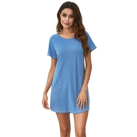 

Women s Nightshirt Summer Loose Short Sleeve Nightgown Round Neck Sleepwear Short Pajama Dress with Pockets Blue US 16-18