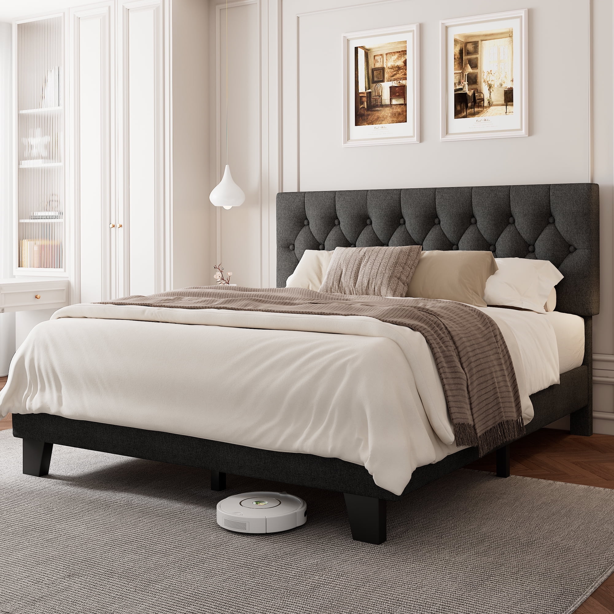 Virans Linen Full Size Platform Bed Frame with Tufted Button Headboard,Upholstered Bed with Wood Slat Support,No Box Spring,Noise Free,Easy Assembly,Dark Gray