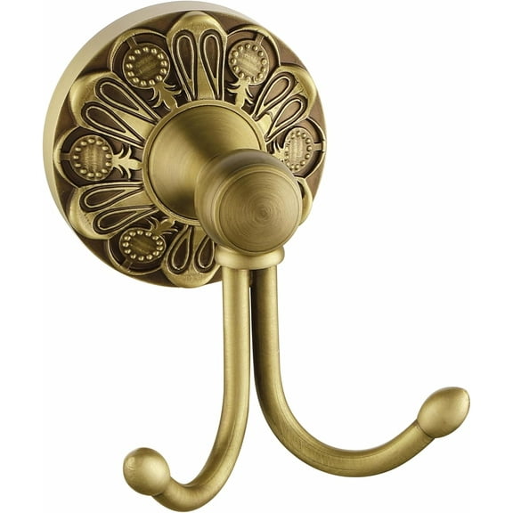 Antique Brass Towel Hook, Wall Mounted Bathroom Double Hook for Clothing & Robe Hanger, Screws Install Shower Wall Hook, Vintage Petal-Relief Series
