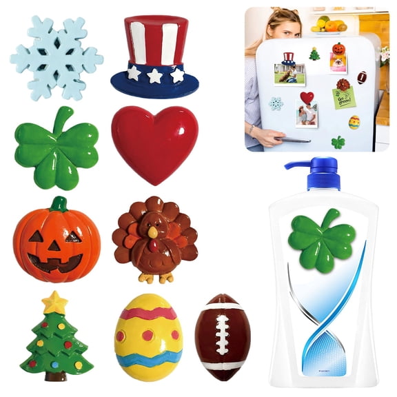GSKKLQ Magnetic Soap Dispenser with Decor, Interchangeable Seasonal Resin Toppers for Kitchen Bathroom, Decorative Fridge Magnet and Functional Pump