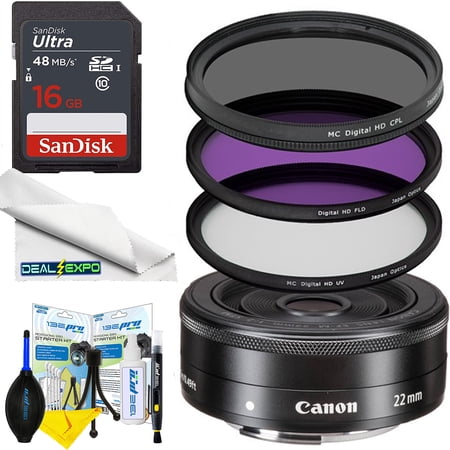Canon EF-M 22mm f/2 STM Lens (White Box)+With Deal Pro Accessory Bundle - Includes: 3 Piece UV Filter Kit and More