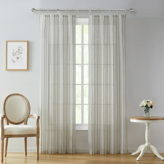 My Texas House Emerson Linen Stripe Light Filtering Tie Top Curtain Panel Pair, 76"x84", Grey