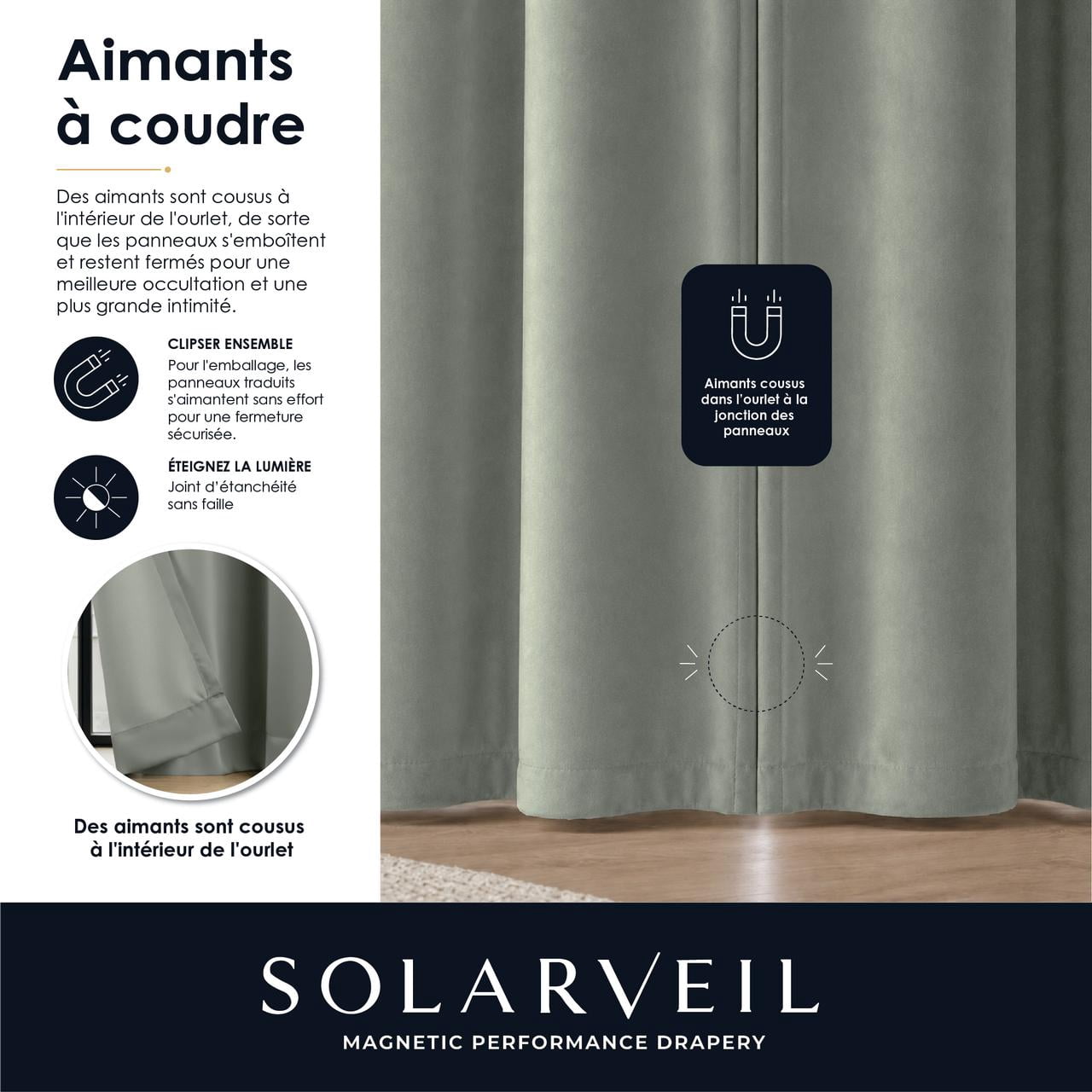 SOLARVEIL Paire de panneaux de rideaux en velours avec fermeture magnétique, 84 x 37 po, couleur sage