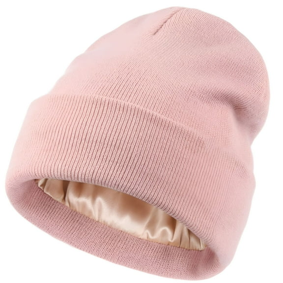TELOLY Womens Satin Lined Knit Beanie Hat Acrylic Winter Hats for Women Men Silk Lining Soft Slouchy Warm Cuffed Beanie Hat Blush Pink