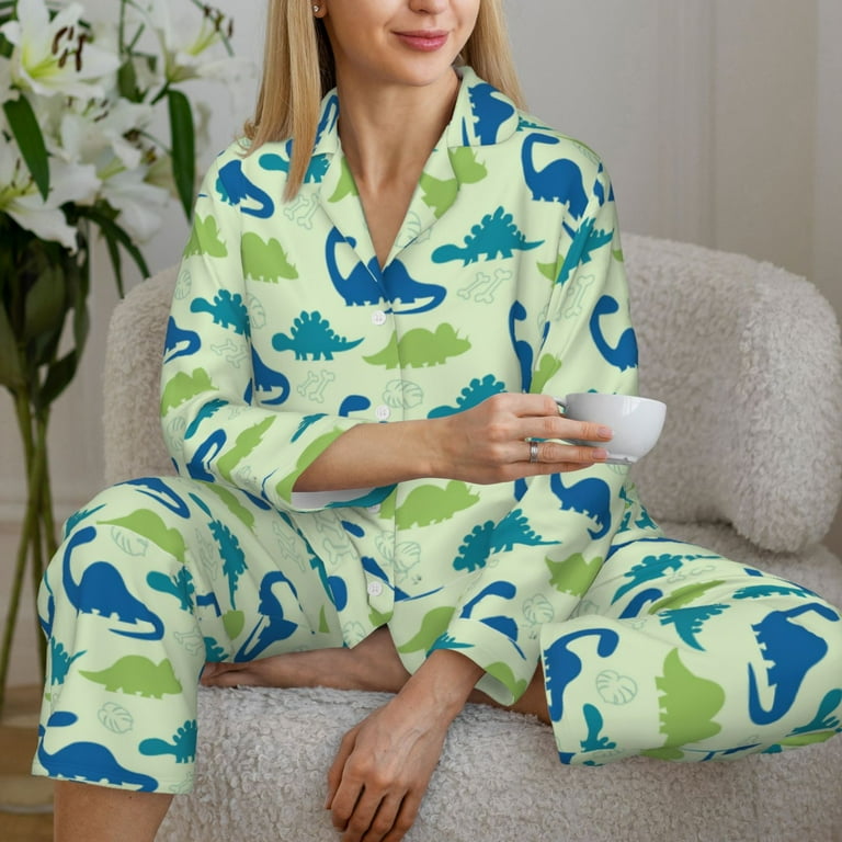 Goofa Cute Dinosaur Blue Green Printed Women s 2 Piece Pajama Set Super Pajamas Women s Long Sleeve Sleepwear Soft Button Down Loungewear Pjs Lounge