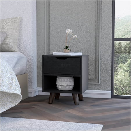 JERFIT Modern Nightstand with Drawer and Open Shelf Black Wood Bedside Table for Small Spaces Bedroom Storage Organizer