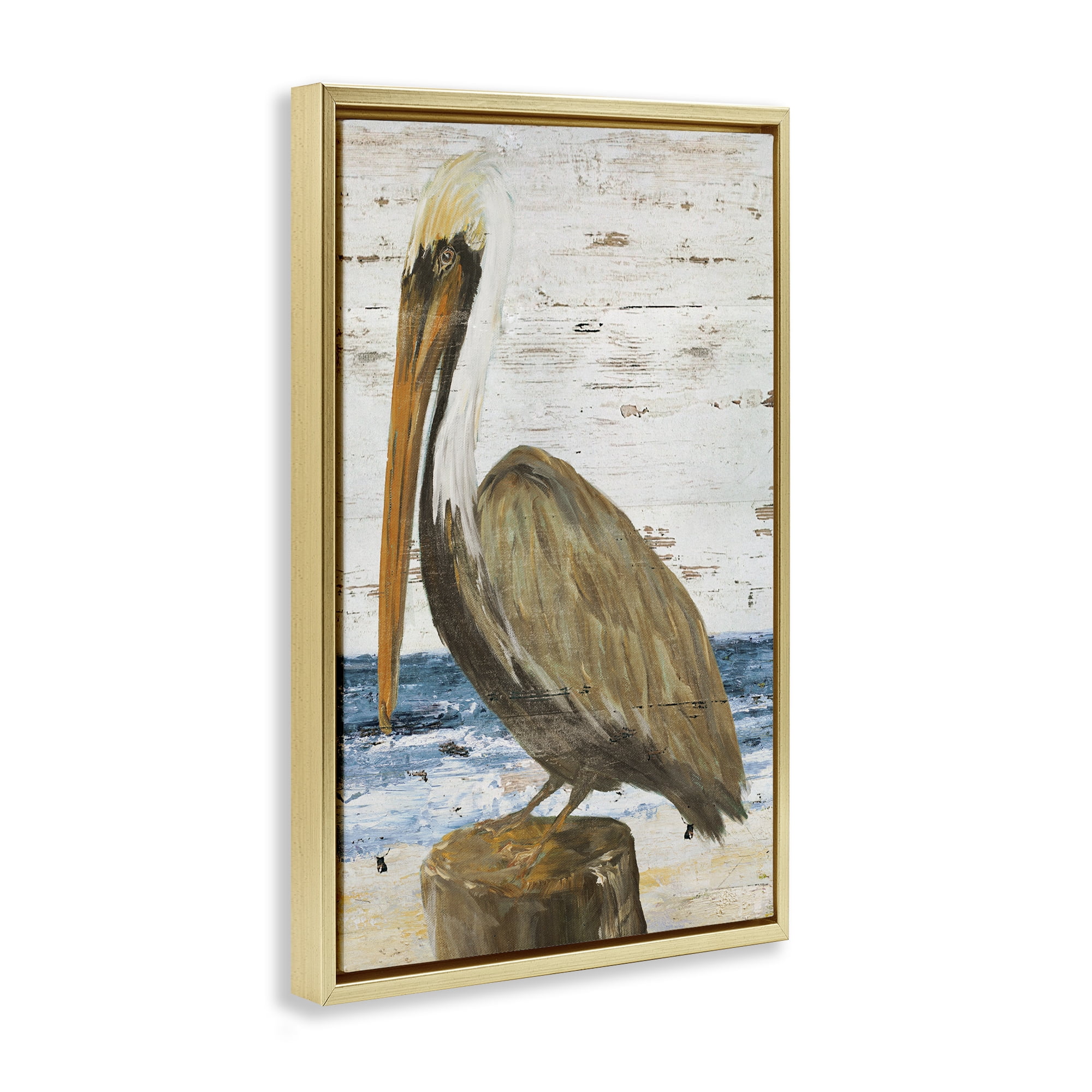 Stupell Industries Rustic Ocean Pelican Animals & Insects Painting Gold Floater Framed Canvas Art Print Wall Art, 21 x 31