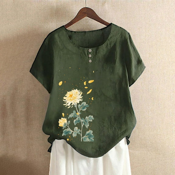 Blczomt Short Sleeve Tops for Women Trendy Summer Dressy Casual Shirt Crew Neck Green Floral Spring Blouses for Women 2025