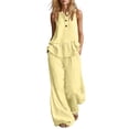 thumbnail image 3 of VBVC Women's 2 Piece Cotton-Linen Outfit Set,Ruffle Hem Tank Top and Wide Leg Pants For Women,Ladies Sleeveless Loungewear with Pockets,Yellow,S-2XL, 3 of 7