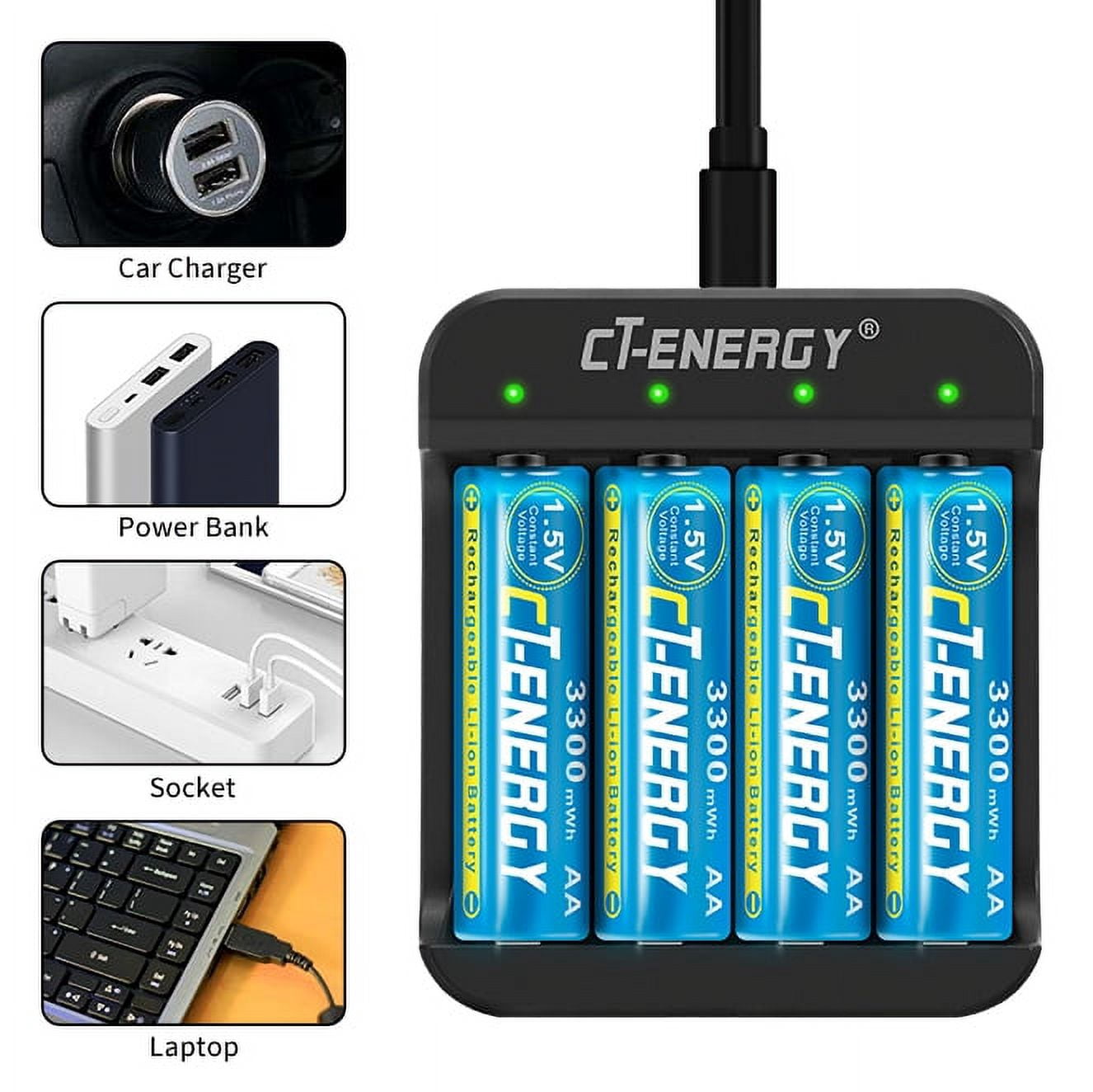 CT-ENERGY Rechargeable AA Lithium Batteries 4 Pack with Charger Kit, 1.5V 3300mWh with 4 Bay Smart Fast Charger for Xbox Battery Replacing