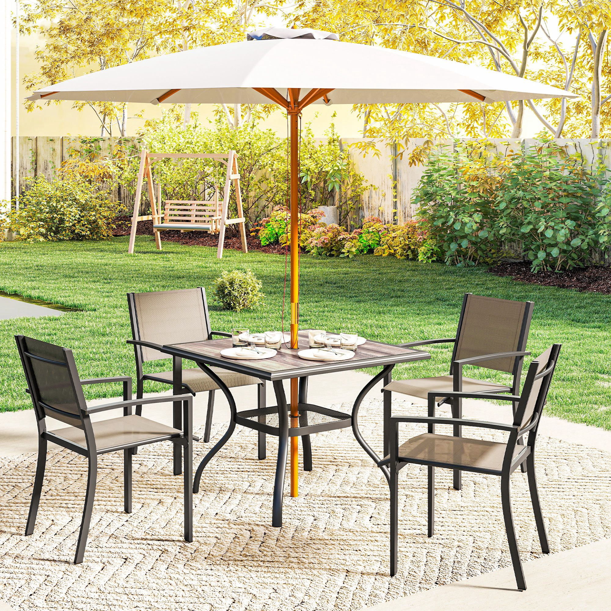 37" Square Outdoor Dining Table for 4, Gray Faux Wood Top Patio Table with Umbrella Hole and Lower Mesh Shelf, Weather-Resistant Steel Frame for Garden, Backyard, and Deck