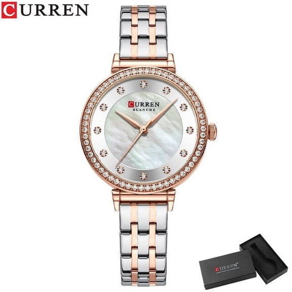 CURREN New Simple Thin Quartz Watches Women's Silver Stainless Steel Band Wristwatches with Rhinestones Clock Female