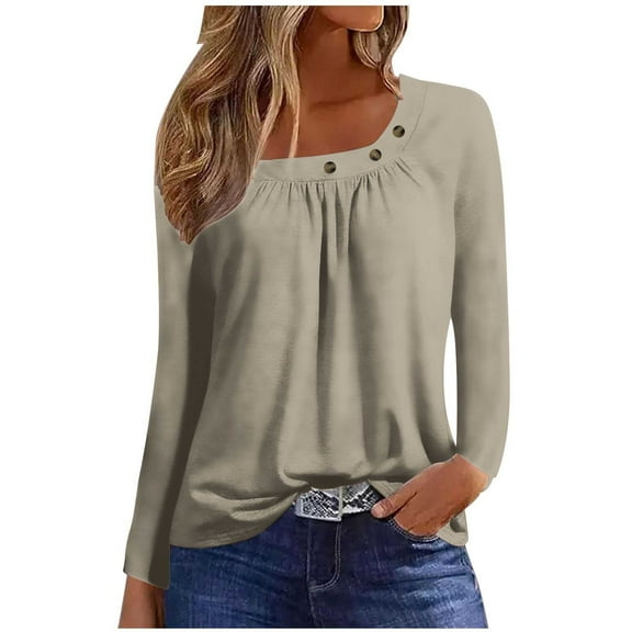 Womens Long Sleeve Graphic T Shirts Cotton Long Sleeve Black Shirt Women Cotton Solid Button Fashion Round Neck Comfortable Long Sleeve Top