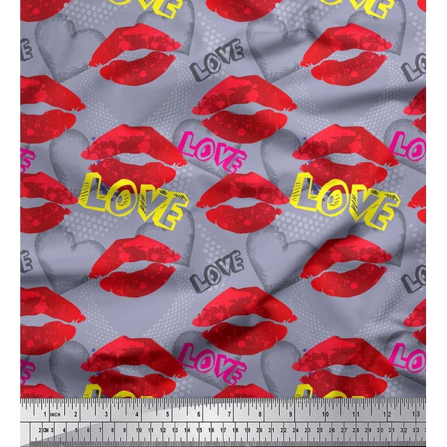 Soimoi Grey Poly Georgette Fabric Text,Lips & Heart Decor Fabric Printed Yard 42 Inch Wide