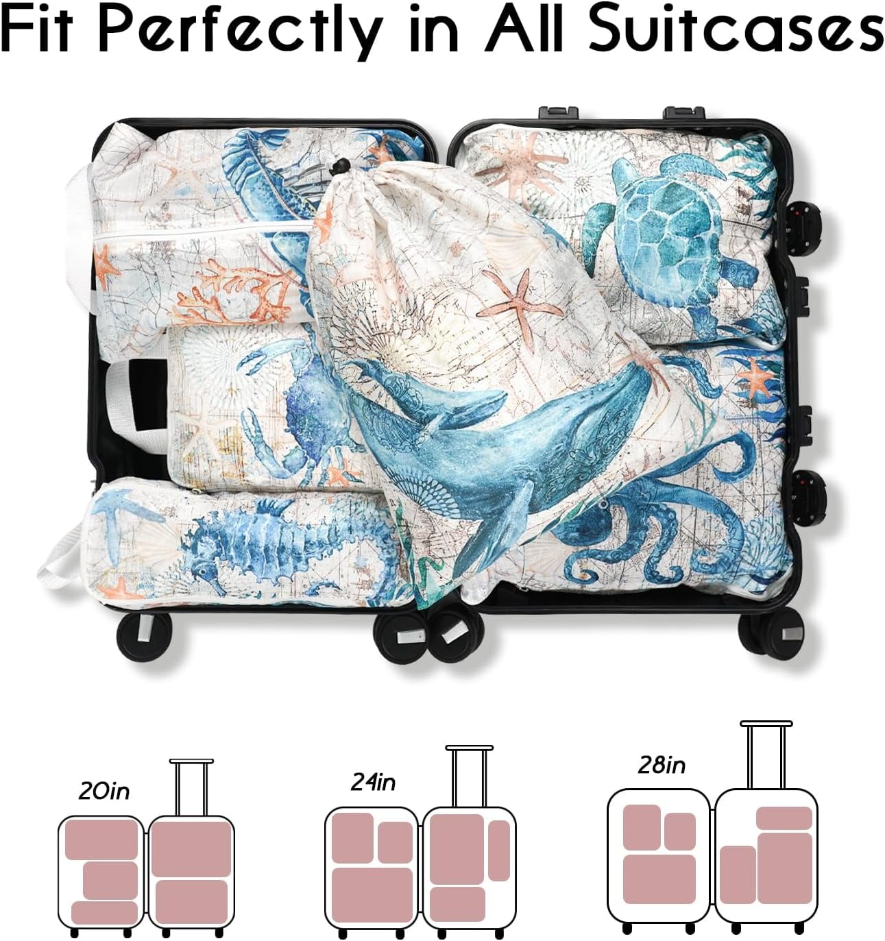 6 Set Compression Packing Cubes for Travel,Packing Cubes for Suitcase Luggage Organizer Bags,Travel Essentials for Carry on Backpack,Ultralight and Waterproof (Teal Sea Turtle Seahorse)