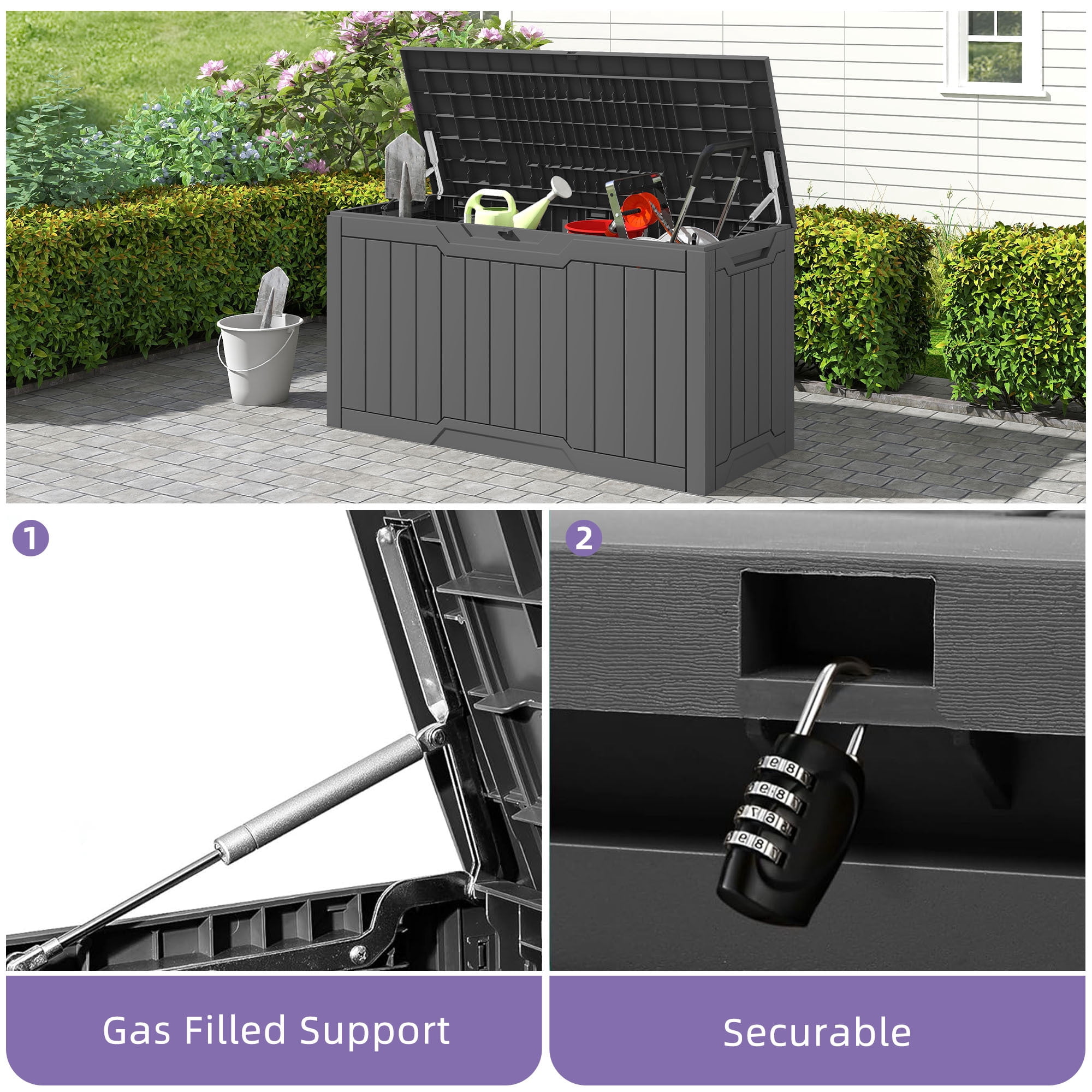 Uforic 80 Gallon Resin Deck Box, Outdoor Storage Box, Lockable Weather Resistant Container for Patio Garden Home Essentials, Dark Gray