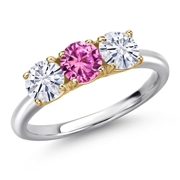 Gem Stone King 925 Silver and 10K Yellow Gold Pink Created Sapphire and White Moissanite Engagement Ring for Women | 1.55 Cttw | Round 5MM | Gemstone September Birthstone | Size 7